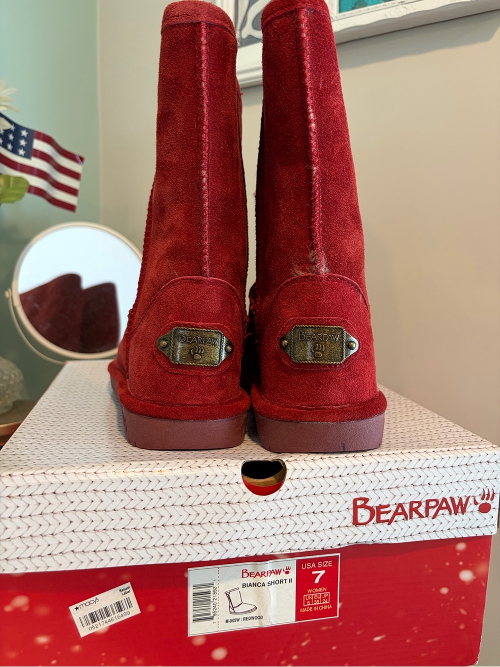 BearPaw Red Suede Short Women's Boots - Picture 2 of 3